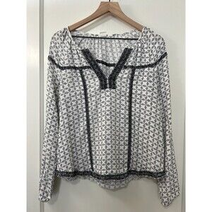 Gap Black and White Geometric Print Embroidered Long Sleeve Blouse Top Women's S